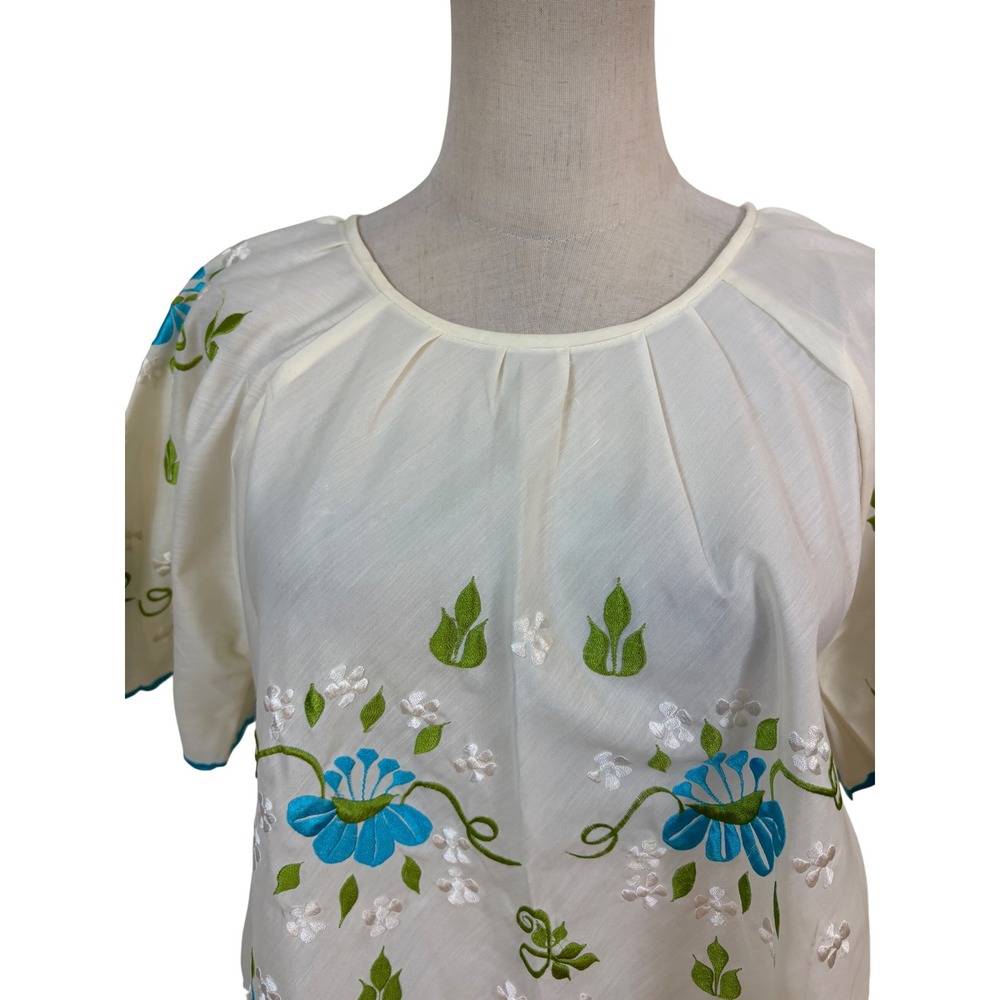 Vtg Embroidered Floral Blouse Women Ivory Peasant Scalloped Boho Folk Cottage - Picture 2 of 5